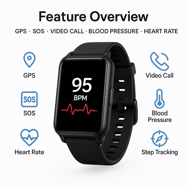 Elderly woman wearing TavvitaImp009 senior smartwatch on wrist, demonstrating fall detection & GPS tracker.