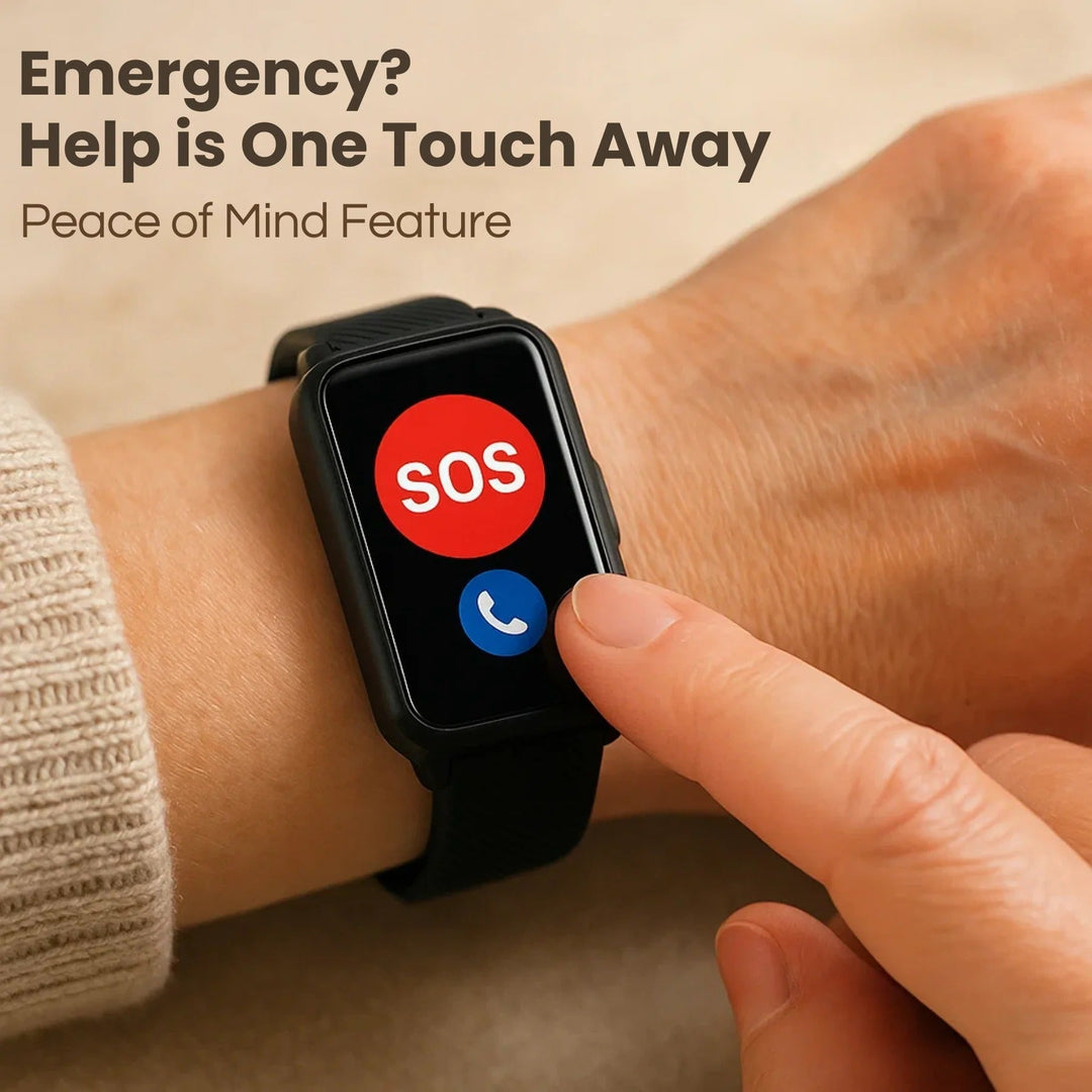 Senior smartwatch on its magnetic charging dock, ready for daily health monitoring & GPS tracking for seniors.