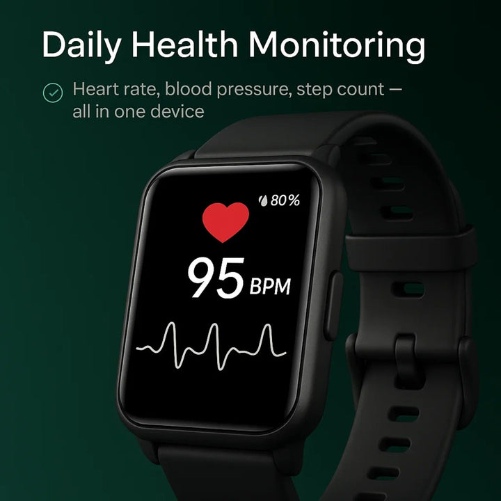 Smartwatch detecting a fall, illustrating automatic emergency call and GPS location feature for elderly safety.