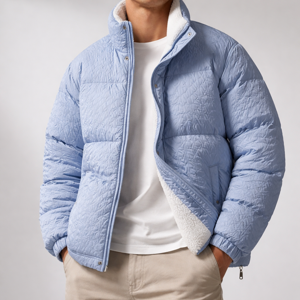 Unisex Sherpa Puffer Jacket in black, front view, warm and stylish with quilted exterior