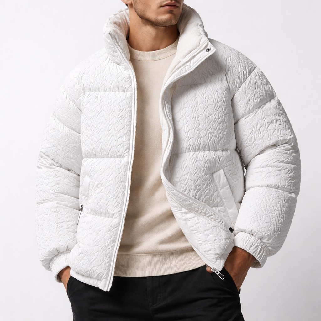 Side profile of a model wearing a Unisex Sherpa Puffer Jacket, showing fleece lining detail