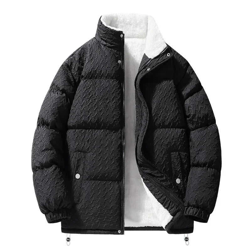 Flat lay of a Unisex Sherpa Puffer Jacket, highlighting the fleece lining and quilted design