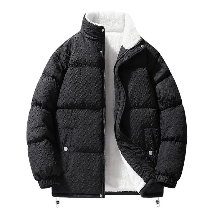 Flat lay of a Unisex Sherpa Puffer Jacket, highlighting the fleece lining and quilted design