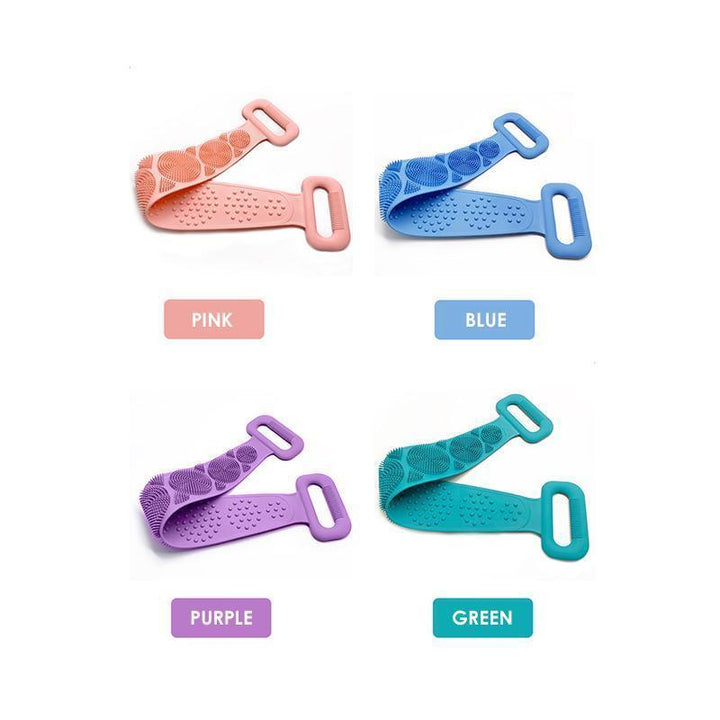 Close-up of a blue silicone back scrubber with textured bristles for body exfoliation