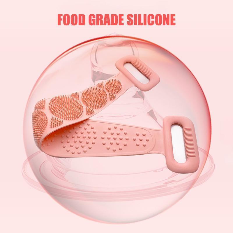 Long silicone back scrubber belt in a bathroom setting, ideal for shower use