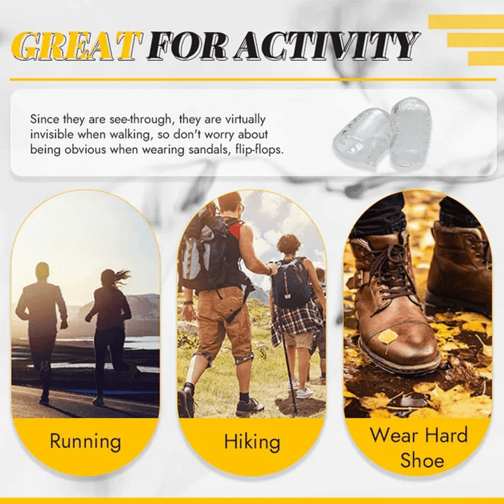 Pair of unisex silicone toe protectors on a white background, blister prevention solution