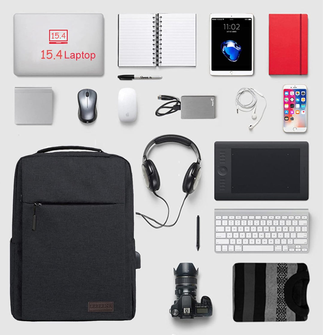Side view of a black waterproof slim laptop backpack, demonstrating its sleek profile and ample storage.