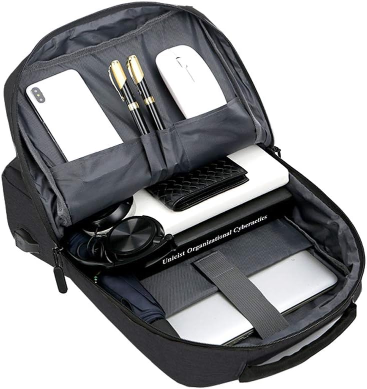 Modern grey slim laptop backpack with integrated USB charging port for business and urban travel.