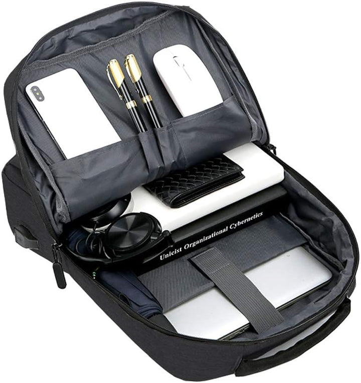 Modern grey slim laptop backpack with integrated USB charging port for business and urban travel.