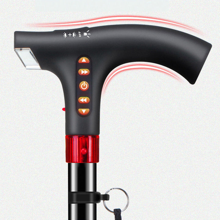 Unisex smart walking stick with LED light, radio, & emergency alarm. Adjustable aluminum mobility aid for seniors.