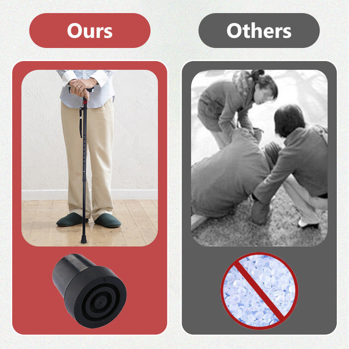 Detail of smart cane's control panel: easy-to-use radio & emergency alarm buttons for senior safety.