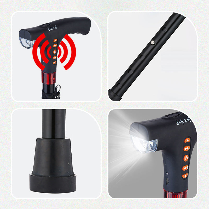 Senior person using an adjustable smart walking stick, lightweight aluminum mobility aid with LED.