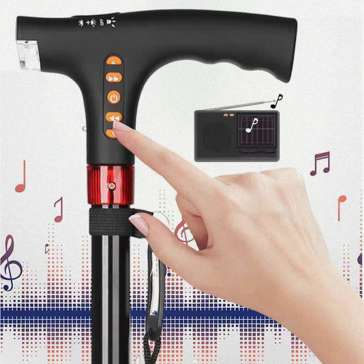 Lightweight aluminum smart walking stick, easy to carry. Durable mobility aid with LED, radio & alarm.