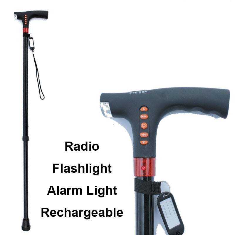 Versatile smart walking stick: LED light, radio, emergency alarm. Adjustable, lightweight aluminum cane for seniors.