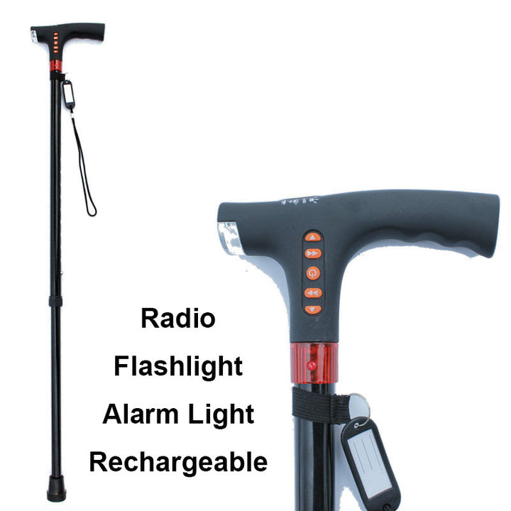 Versatile smart walking stick: LED light, radio, emergency alarm. Adjustable, lightweight aluminum cane for seniors.