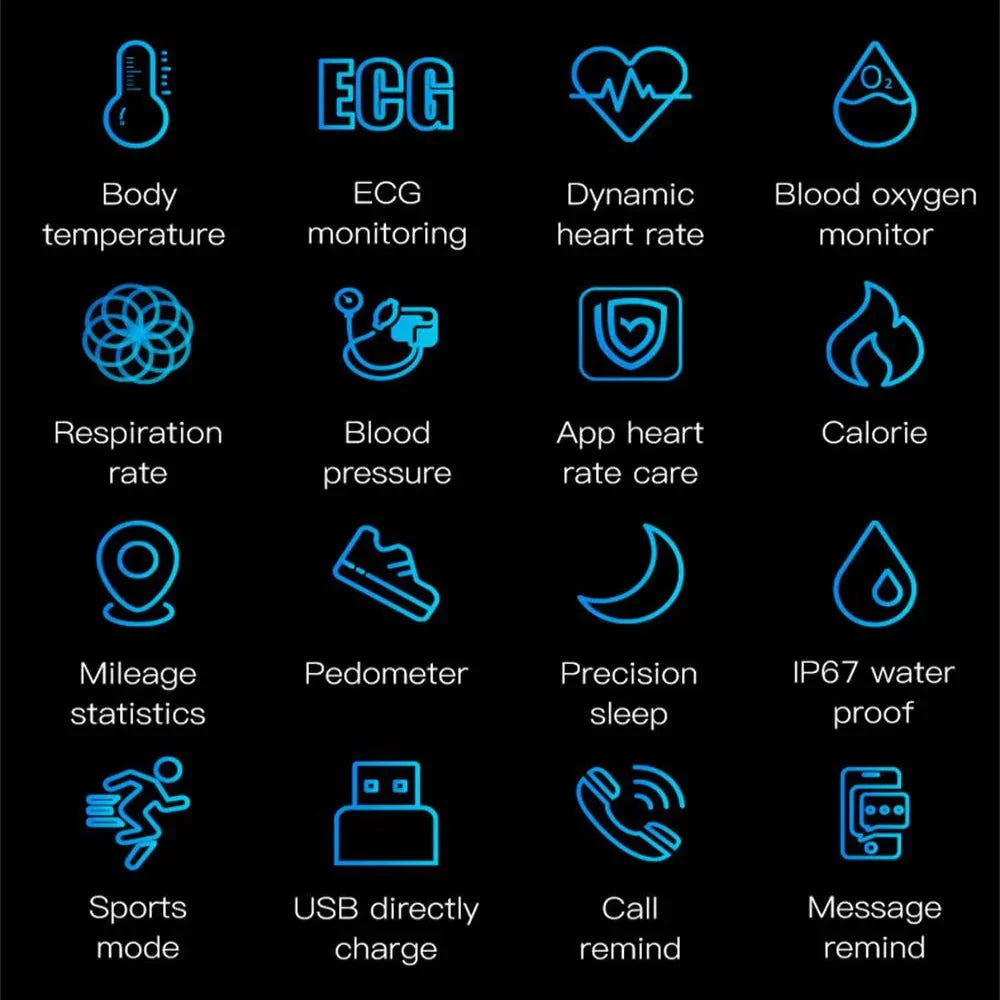 Premium unisex fitness watch offering ECG, BP, sleep tracking, smart notifications, & durable design.