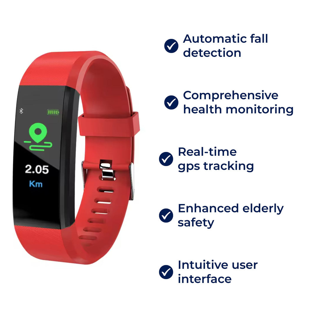 Smartwatch for elderly care: fall detection, GPS, health data for family peace of mind. Senior tech.