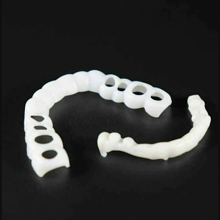 Front view of natural white snap-on dental veneers, enhancing your smile instantly.