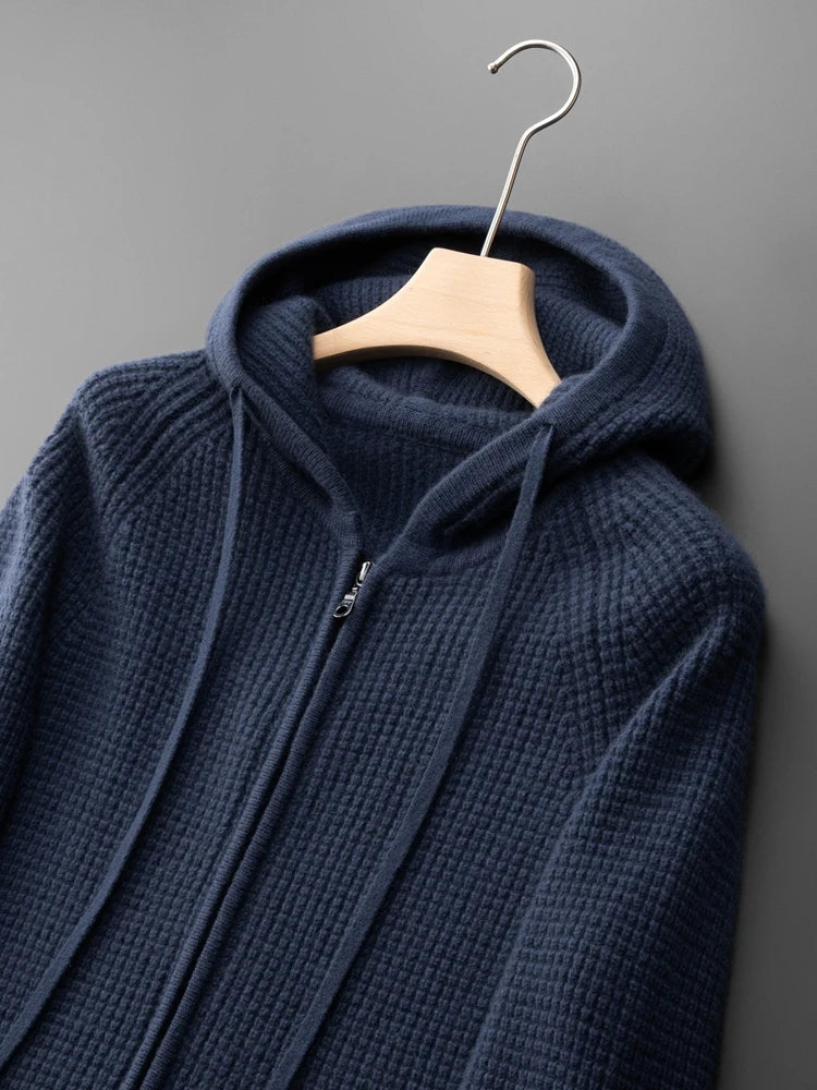 Relaxed fit midnight navy full-zip hoodie with soft fabric, ideal for comfortable layering.