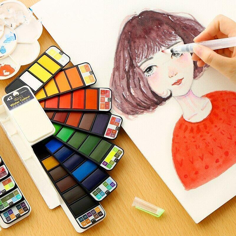 Unisex solid watercolor gouache paint set for artists, 24 vibrant colors, portable art supplies.