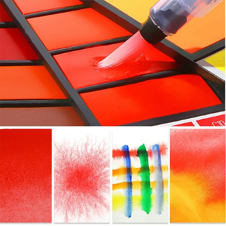 Open watercolor gouache set, showing 24 rich, creamy solid paint cakes for art & crafts.