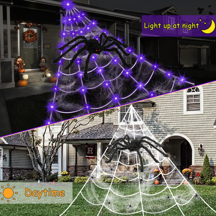 Spider Web Hanging Light illuminating a dark room, creating an atmospheric and gothic decor statement.