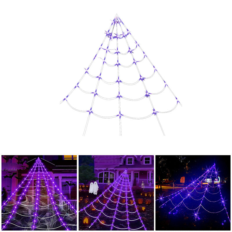 Multiple Spider Web Hanging Lights artfully arranged as Halloween decor for a festive party.