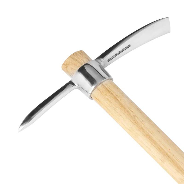 Side profile of the double-headed pickaxe mattock, emphasizing its robust construction and sharp edges.
