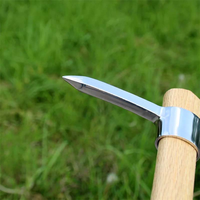 Durable gardening pickaxe mattock, stainless steel heads, comfortable wooden handle. Essential outdoor gear.