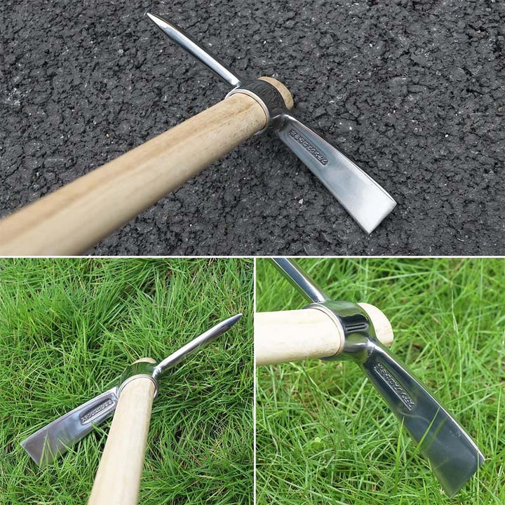 Close-up of the double-headed stainless steel pickaxe mattock. Versatile hand tool for tough soil.