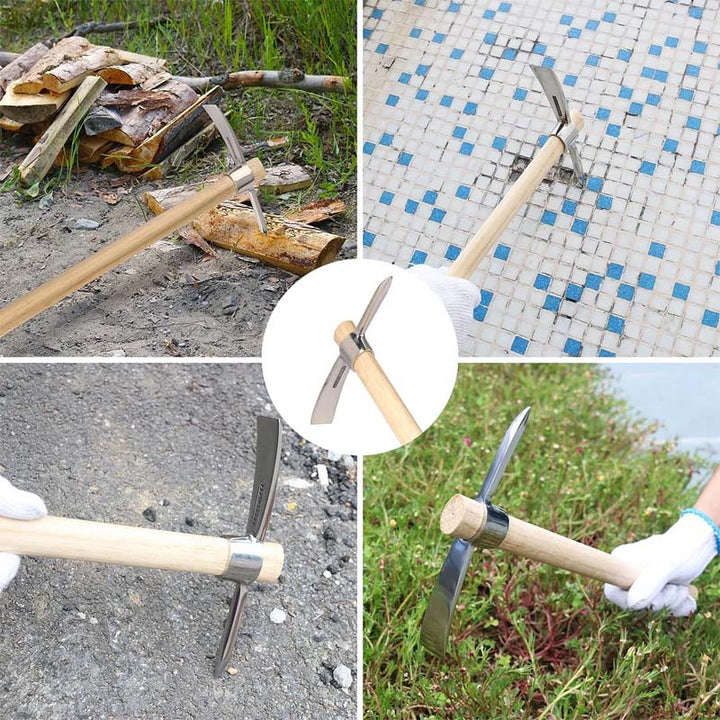 Full length view of the unisex stainless steel mattock, highlighting its balanced design for gardening tasks.