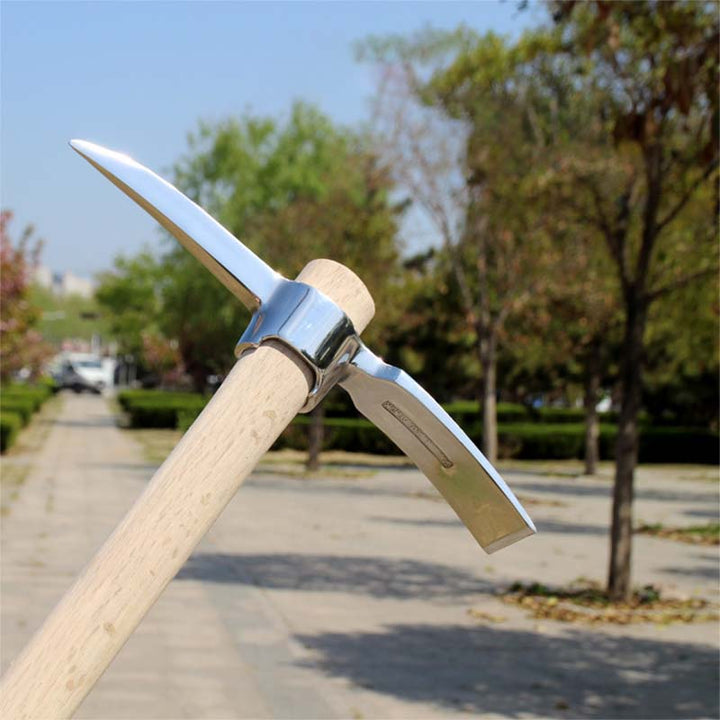 Dual-function pickaxe & mattock head made from corrosion-resistant stainless steel. A robust gardening hand tool.