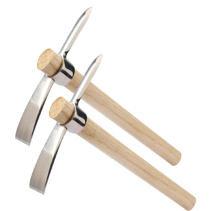 Compact stainless steel pickaxe mattock, perfect for clearing brush and breaking up hard ground while camping.