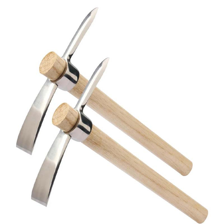 Compact stainless steel pickaxe mattock, perfect for clearing brush and breaking up hard ground while camping.