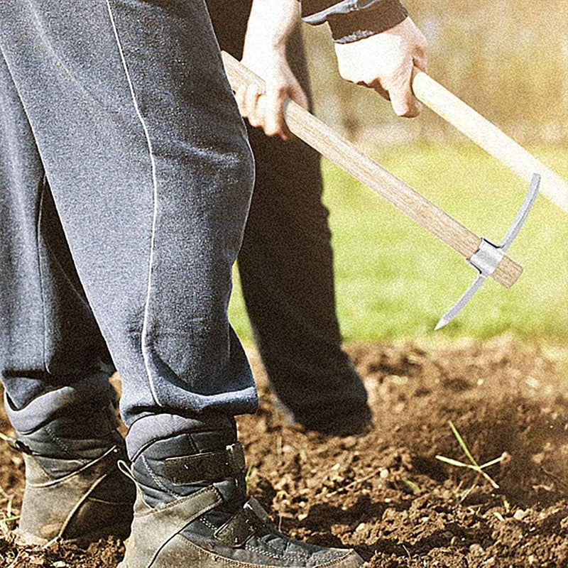 Detail of the pointed pickaxe end and broad mattock blade, crafted from high-quality stainless steel.
