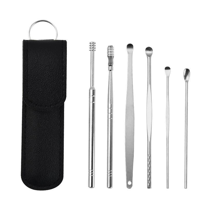 Unisex ear care kit in a protective pouch, featuring multiple stainless steel tools for hygiene