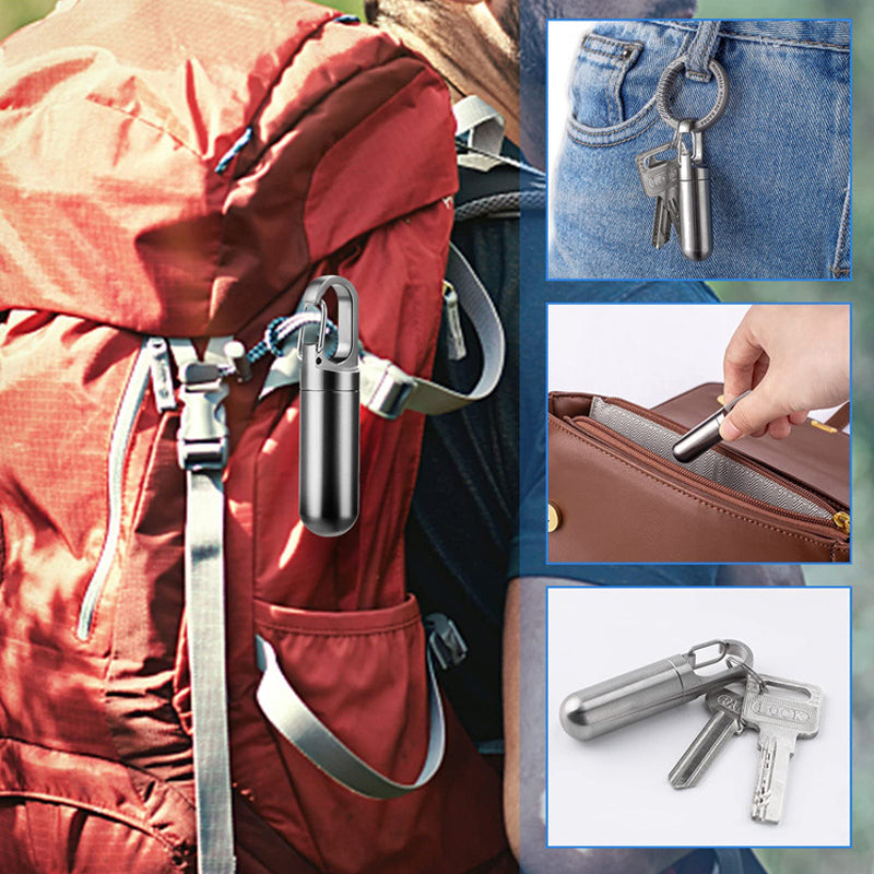 Open stainless steel waterproof pill box, revealing its interior for medication storage