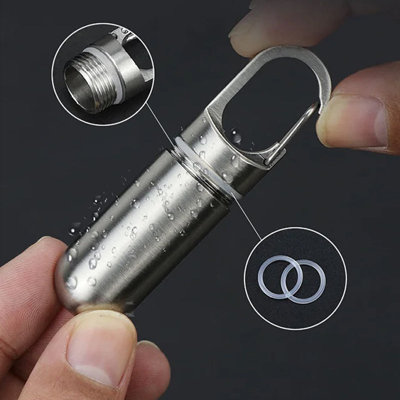 Close-up of a sleek, durable stainless steel pill box for waterproof medication storage