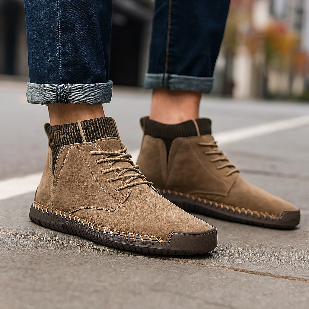 Pair of comfort walking boots with a unique suede-like finish and soft knit cuff