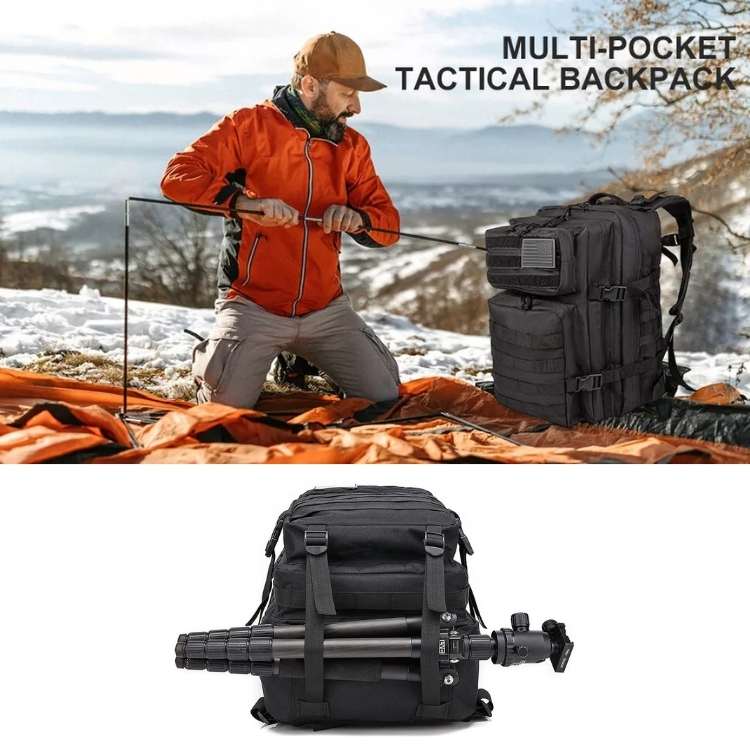 Rugged, durable material of a tactical survival backpack, perfect for extreme outdoor hiking & camping adventures.