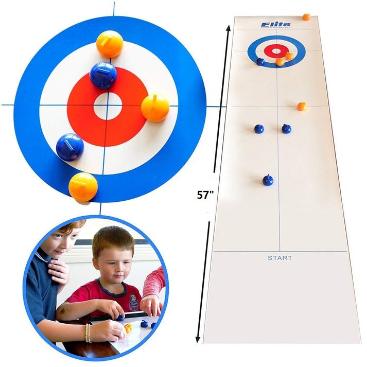 Child proudly aiming a stone in the Unisex Tabletop Curling Game, great for developing skill and strategy.