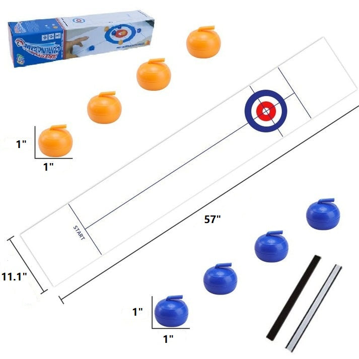 The Tabletop Curling Game board spread out, highlighting its compact design for indoor family fun.