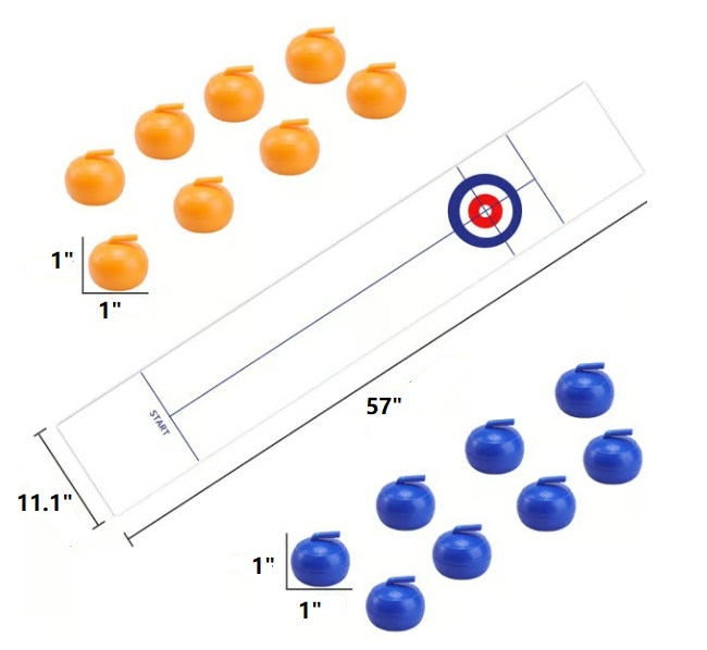Tabletop Curling Game shown with all pieces, a complete and engaging indoor board game for a unique gift.