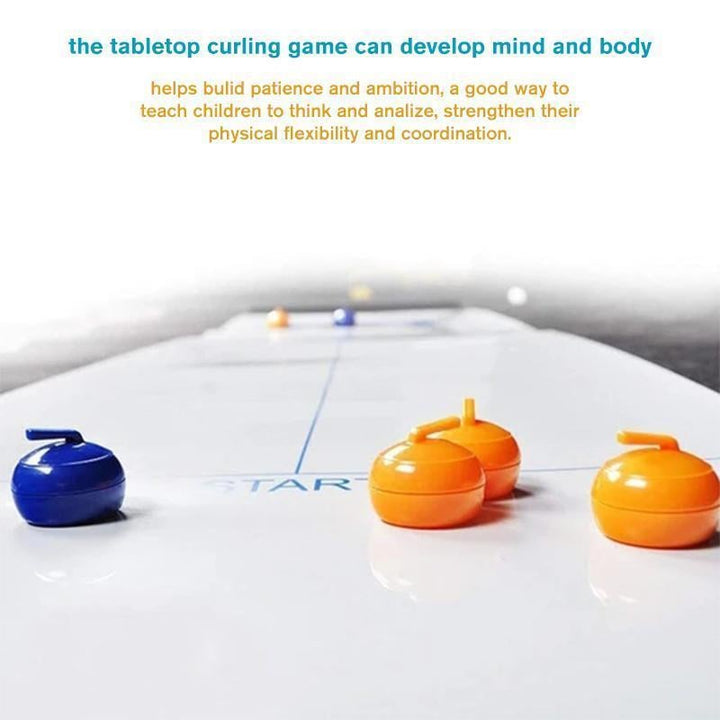 Family laughing and enjoying the Tabletop Curling Game, a fun indoor party game for all ages.