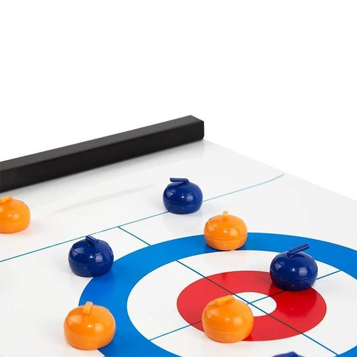 Portable Tabletop Curling Game rolled up, easy to carry for travel and on-the-go entertainment.