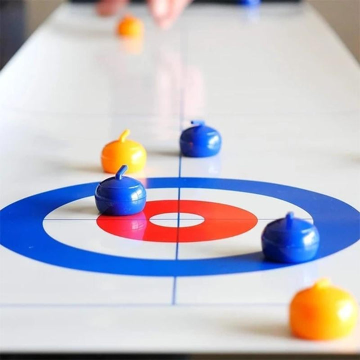 Full view of the Tabletop Curling Game board, showing precision targets for a strategy and skill game.