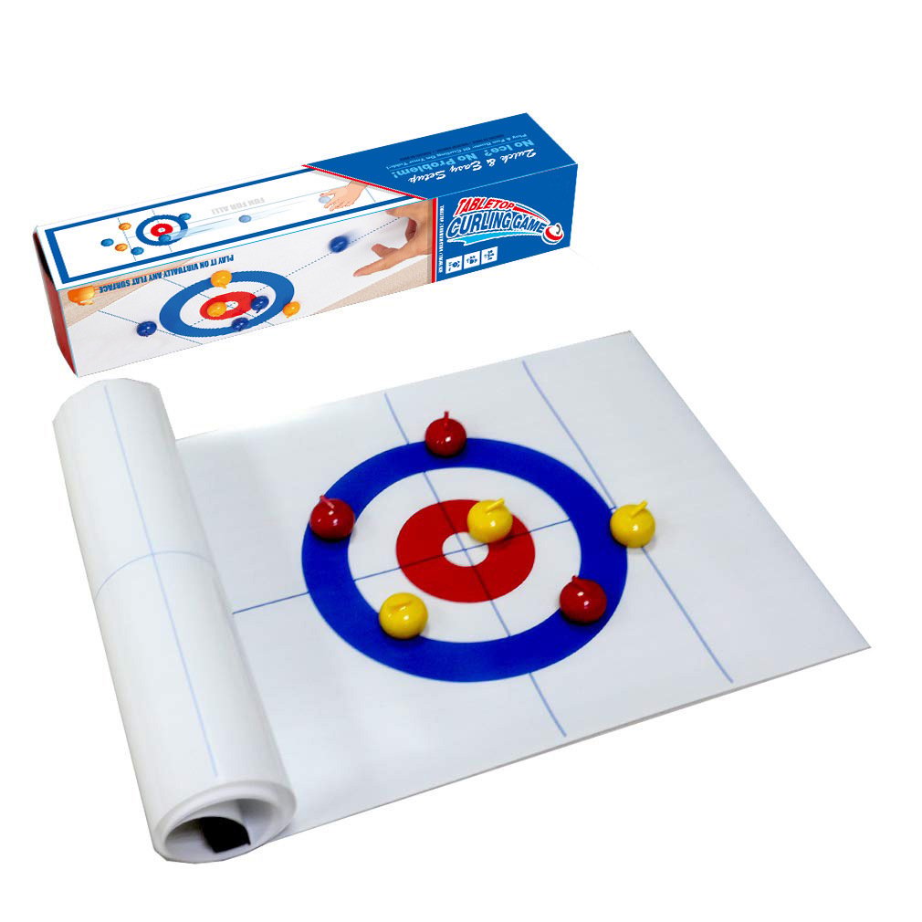 Two people engaged in intense play of the Tabletop Curling Game, a captivating indoor strategy board game.