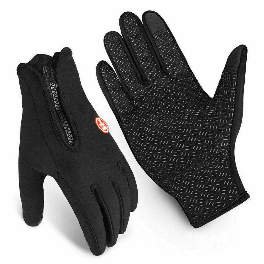 Black unisex touch screen gloves, windproof and water resistant for winter outdoor activities.