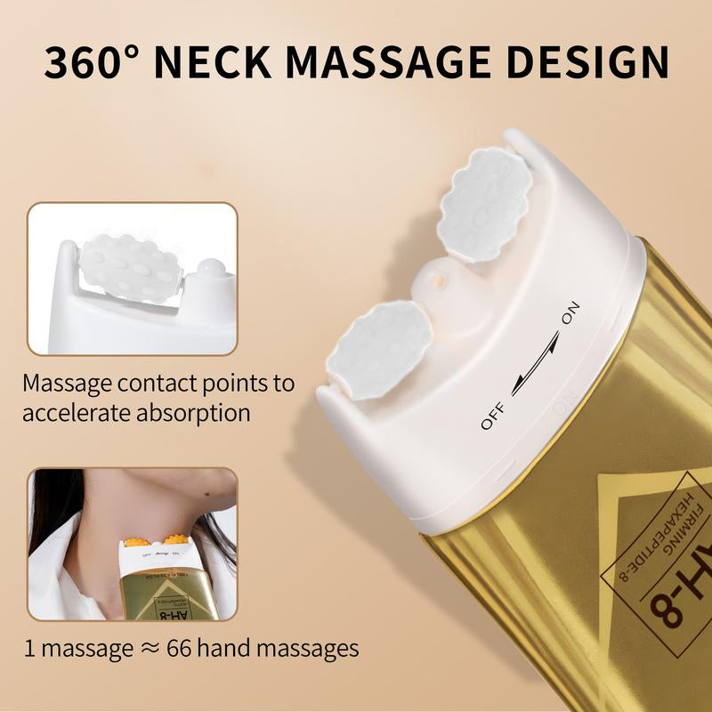Woman gently massaging neck cream into skin with roller applicator, firming & lifting, anti-aging skincare