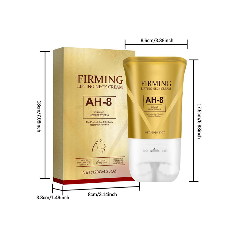 Beauty shot of the neck cream bottle, highlighting sleek design & roller applicator, anti-aging product
